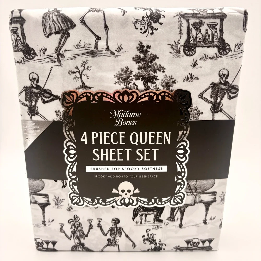 Madame Bones Queen Sheet Set 4pc Skeleton Toile Black White Spooky Halloween NEW